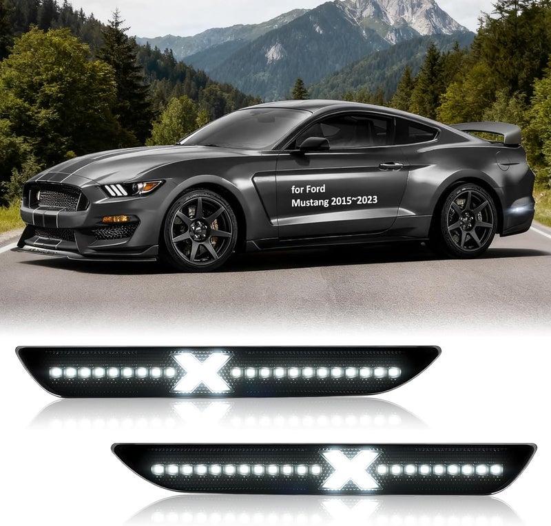 Best View Rear LED Side Marker Lights for Ford Mustang 2015-2023: Smoked Lens Fender Side Marker Reflectors Lights, X-style Side Bumper Lights, Waterproof Parking Lamps, Pack of 2 - Image 1